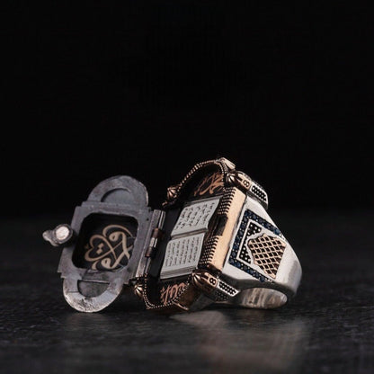 Herrenring aus 925er Sterlingsilber mit weißem Stein und aufklappbarem Koran – handgefertigt