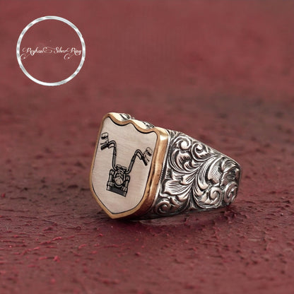 Motorcycle Biker Ring 925 Sterling Silver Hand Engraved