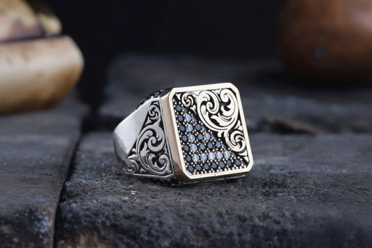 Engraved Men's Silver Ring | Zirconia Stone Accents