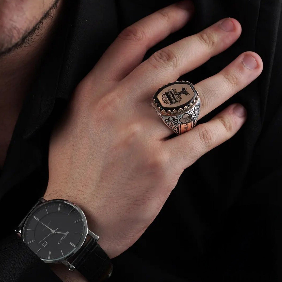 Hexagonal Tree of Life ring with black fire amber – view 4
