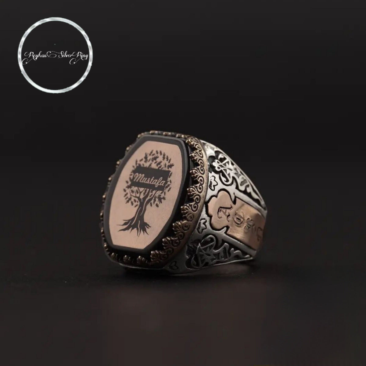 Hexagonal Tree of Life ring with black fire amber – view 3