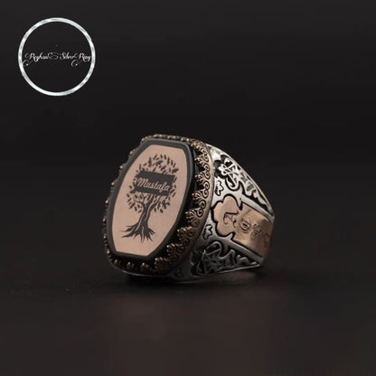 Hexagonal Tree of Life ring with black fire amber – view 3