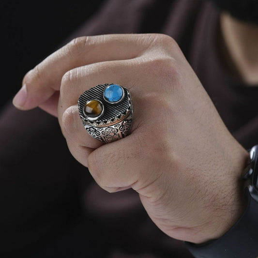 Turquoise and tiger eye double stone ring – view 2