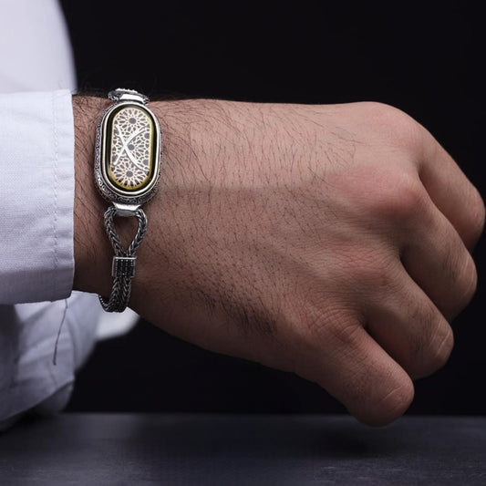 Zulfiqar Bracelet, Carved Yellow Amber in 925 sterling silver