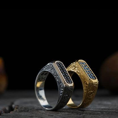 Zircon Couple Ring 925 Silver Engraved Handmade Gift
