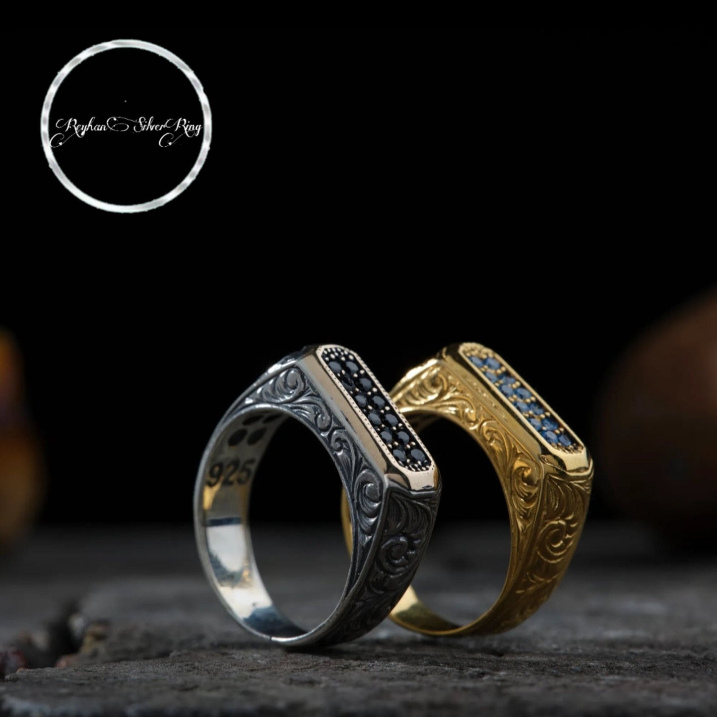 Zircon Couple Ring 925 Silver Engraved Handmade Gift