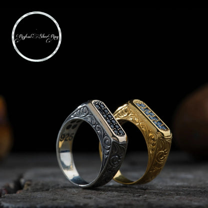 Zircon Couple Ring 925 Silver Engraved Handmade Gift