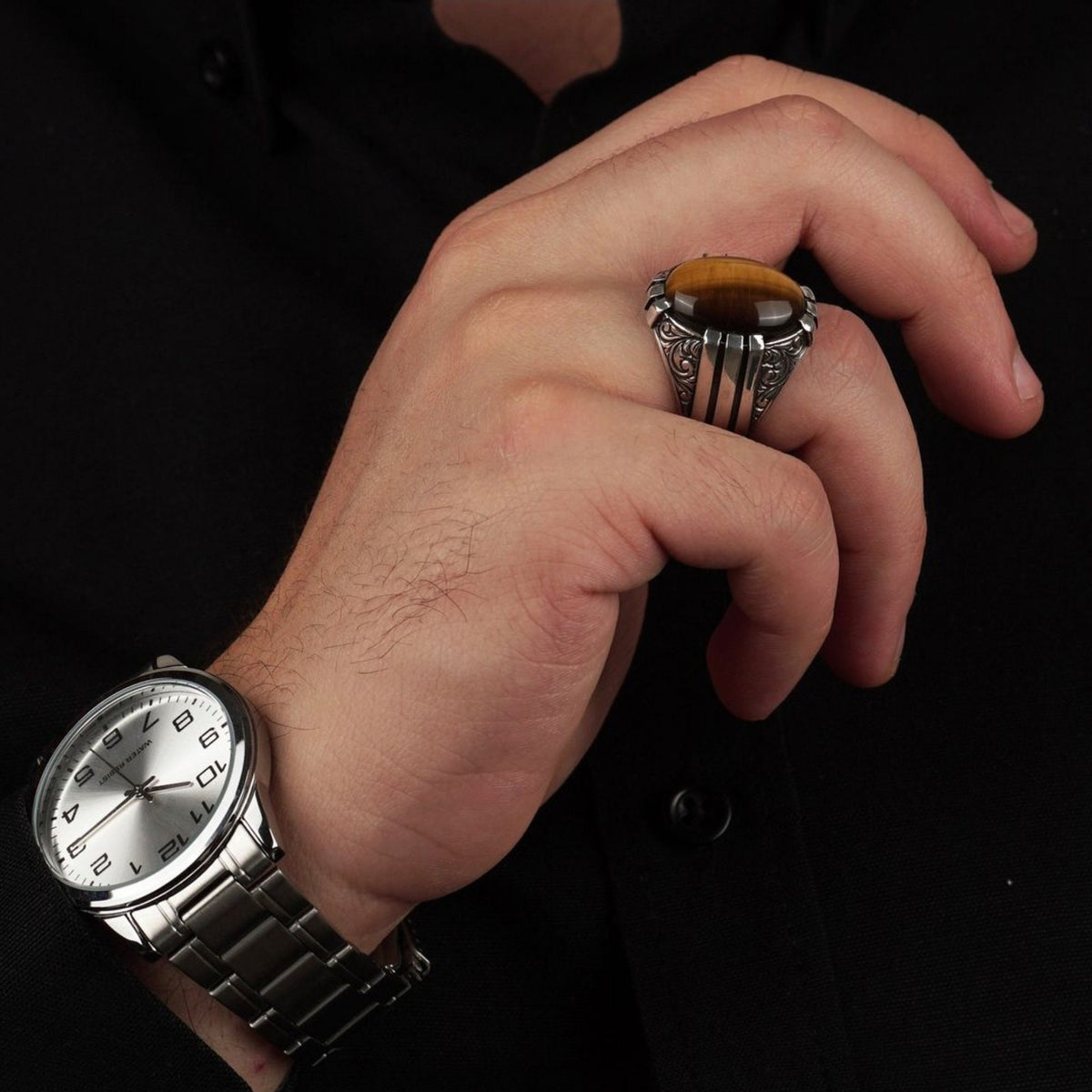 Oval claw-set tiger eye ring – view 2