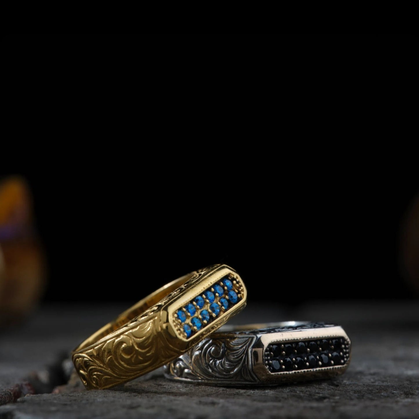 Zircon Couple Ring 925 Silver Engraved Handmade Gift