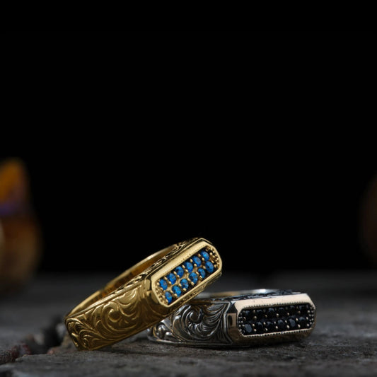 Zircon Couple Ring 925 Silver Engraved Handmade Gift