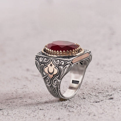 Red tourmaline ring with crescent and star – view 4