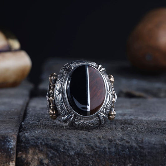 Oltu Stone Ring – Pencil Engraved Design | 925 Silver Men's Ring