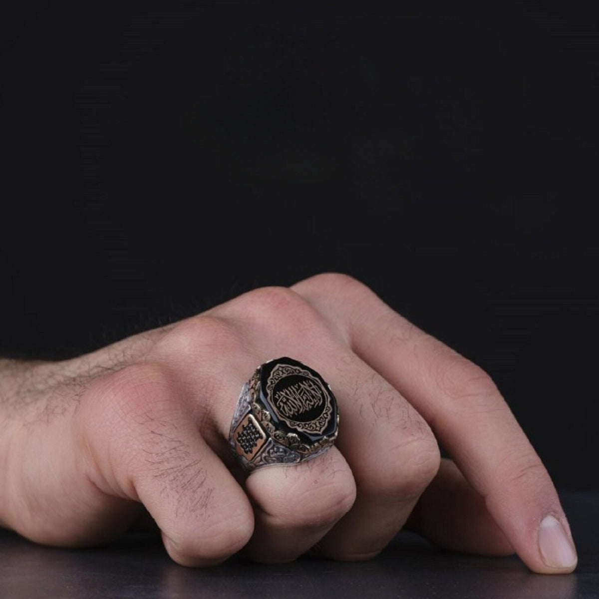 Tawhid Ring, Dark Finish with Bronze-Tone Calligraphy – view 3