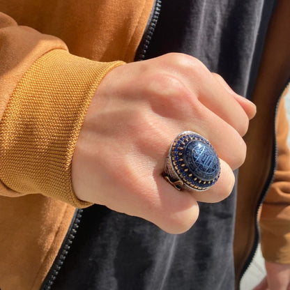 Sterling Silver Blue Agate Ring: Solomon's Seal Sword Design