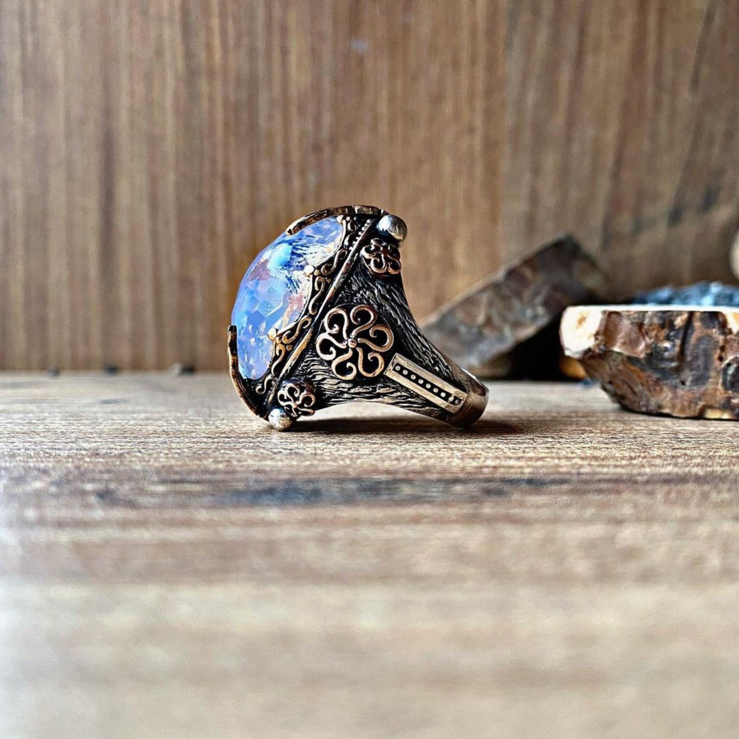 Falcon Moonstone Ring 925 Sterling Silver Hand Carved Ottoman