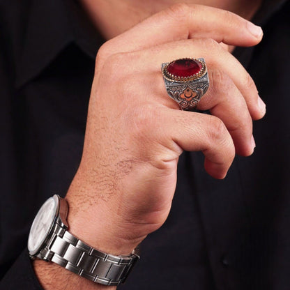 Red tourmaline ring with crescent and star – view 2