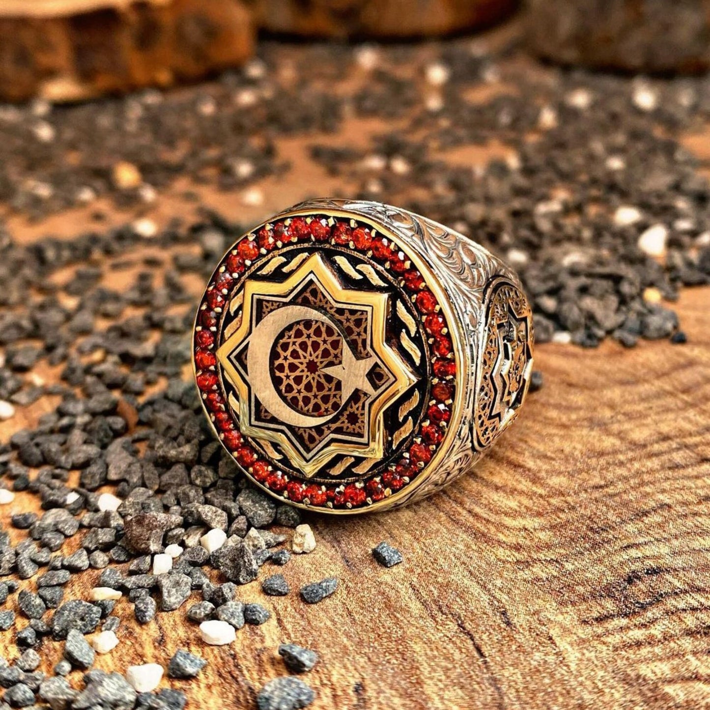 Red Zircon Ring 925 Silver Oguz Kagan Moon Star Ottoman Handmade