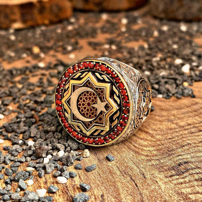 Red Zircon Ring 925 Silver Oguz Kagan Moon Star Ottoman Handmade