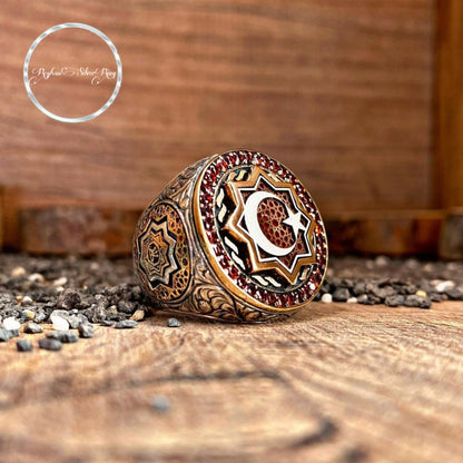 Red Zircon Ring 925 Silver Oguz Kagan Moon Star Ottoman Handmade