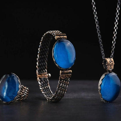 Blue Amber Silver Jewelry Set 925 Ring Bracelet Necklace