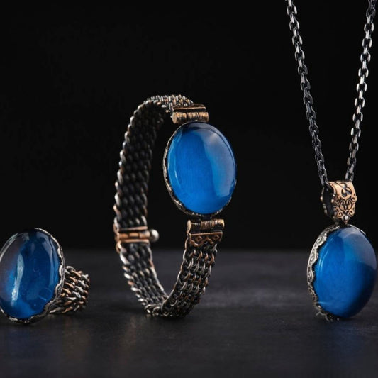 Blue Amber Silver Jewelry Set 925 Ring Bracelet Necklace
