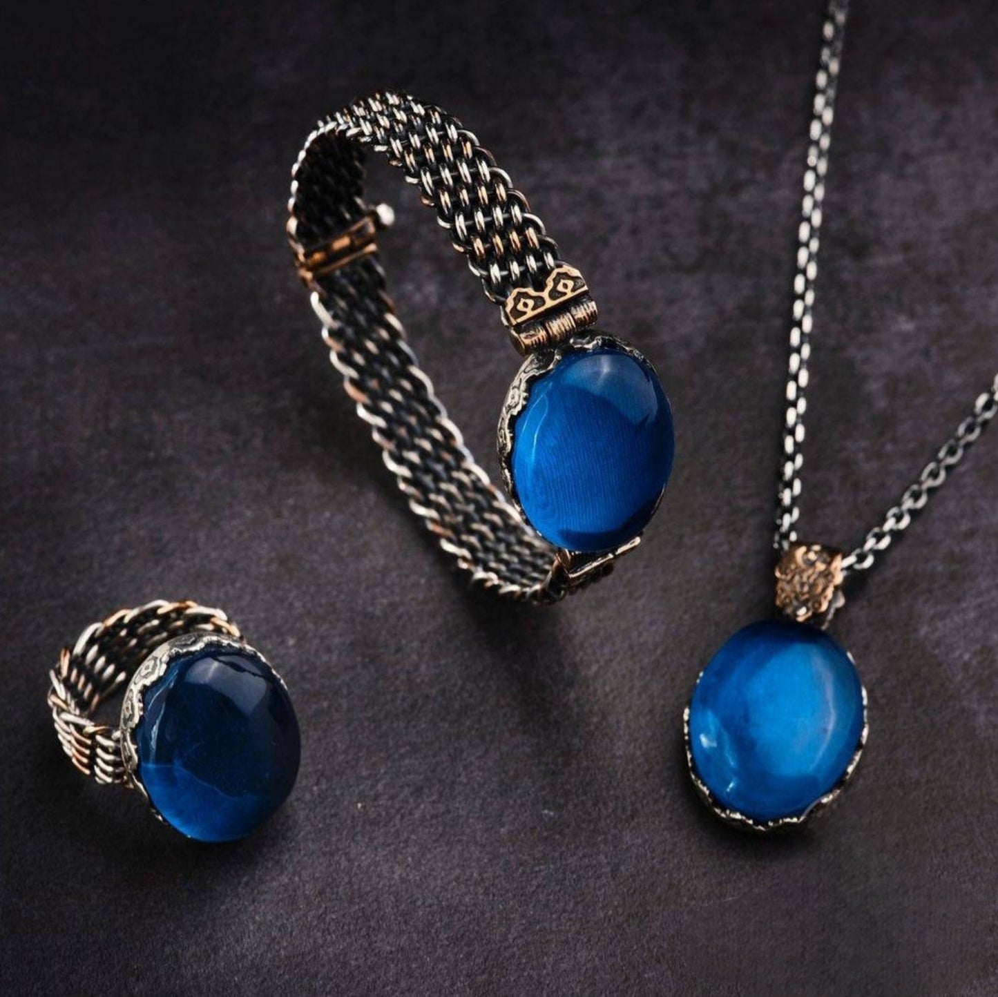 Blue Amber Silver Jewelry Set 925 Ring Bracelet Necklace