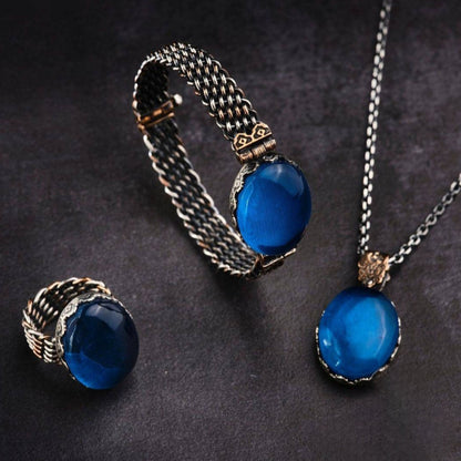 Blue Amber Silver Jewelry Set 925 Ring Bracelet Necklace