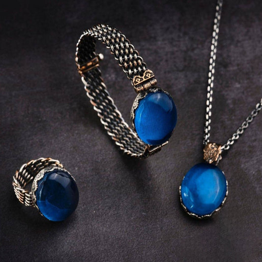Blue Amber Silver Jewelry Set 925 Ring Bracelet Necklace