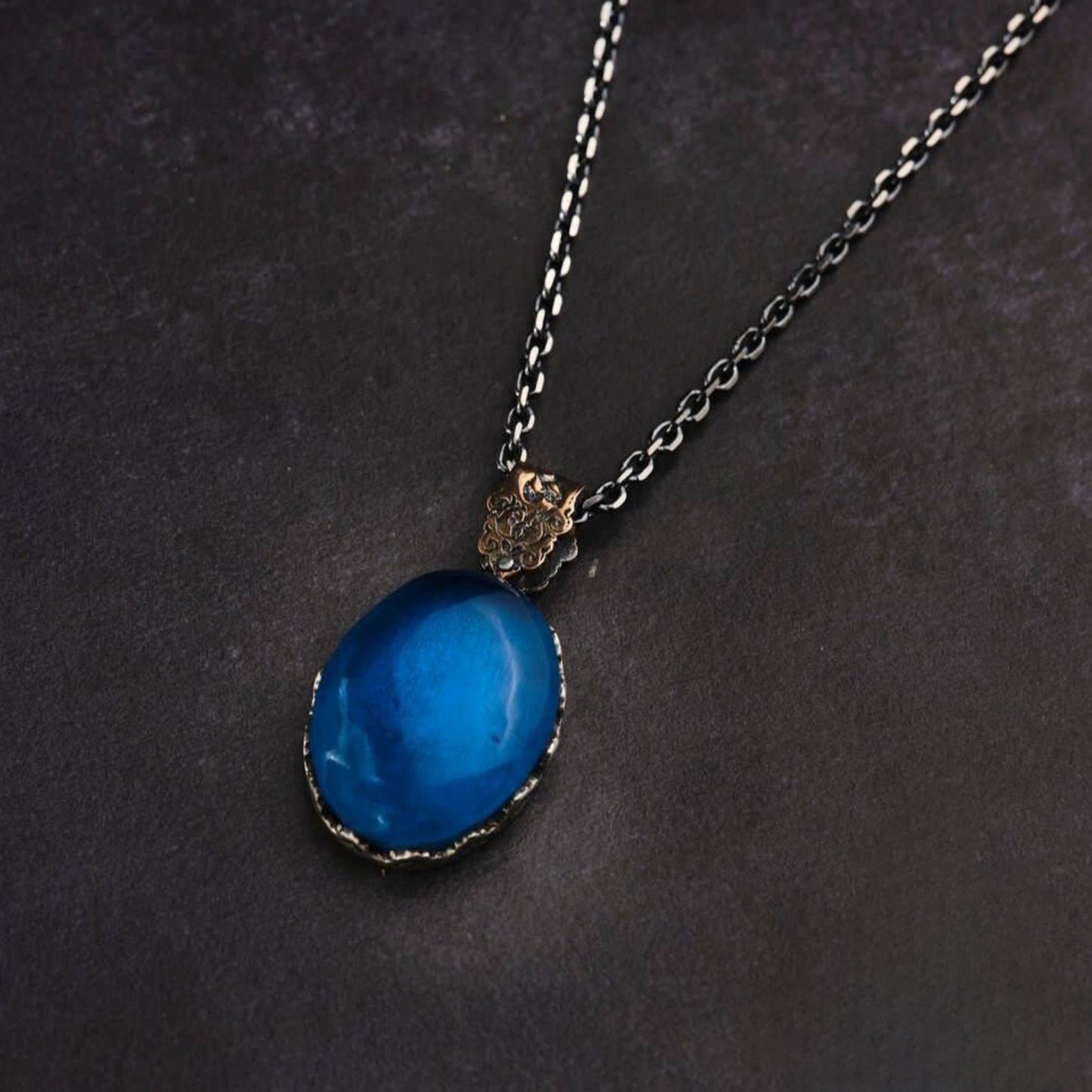 Blue Amber Silver Jewelry Set 925 Ring Bracelet Necklace