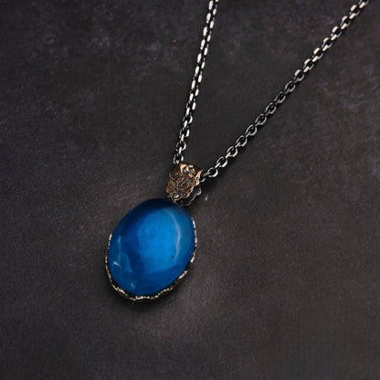 Blue Amber Silver Jewelry Set 925 Ring Bracelet Necklace