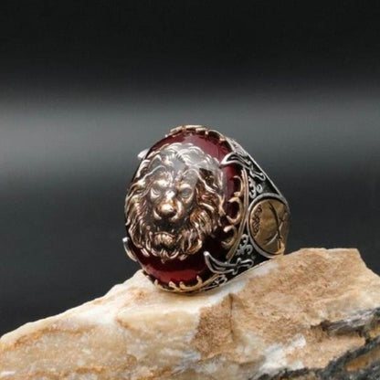 Red Amber Lion Zulfikar Ring 925 Silver Adjustable Islamic