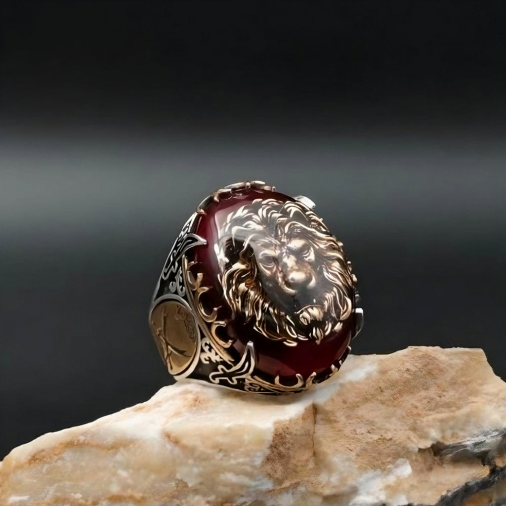 Red Amber Lion Zulfikar Ring 925 Silver Adjustable Islamic
