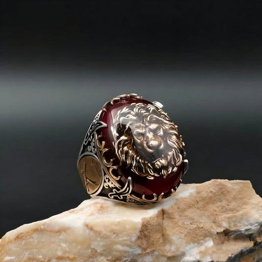 Red Amber Lion Zulfikar Ring 925 Silver Adjustable Islamic