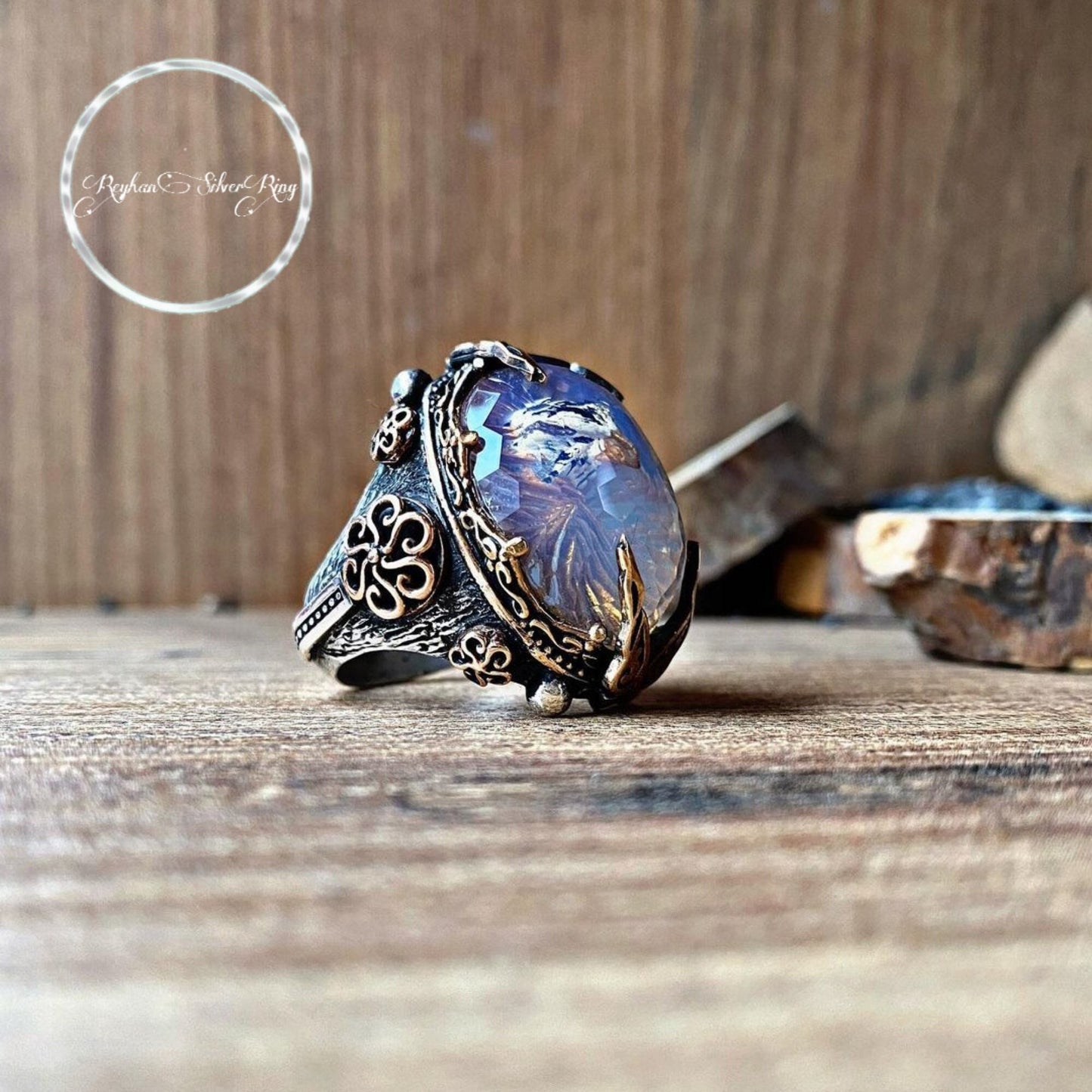 Falcon Moonstone Ring 925 Sterling Silver Hand Carved Ottoman