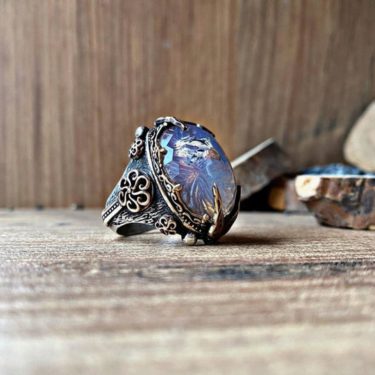 Falcon Moonstone Ring 925 Sterling Silver Hand Carved Ottoman