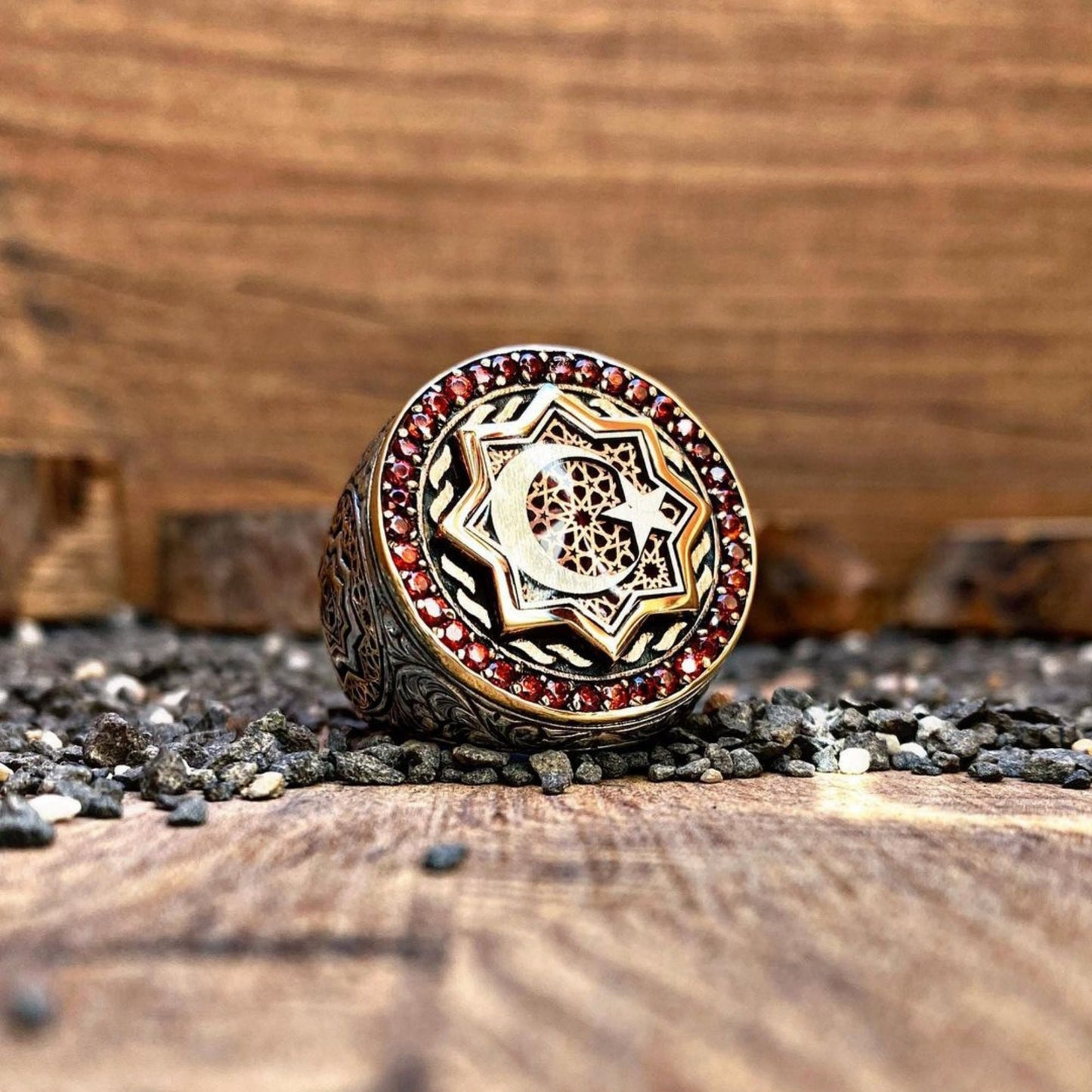 Red Zircon Ring 925 Silver Oguz Kagan Moon Star Ottoman Handmade