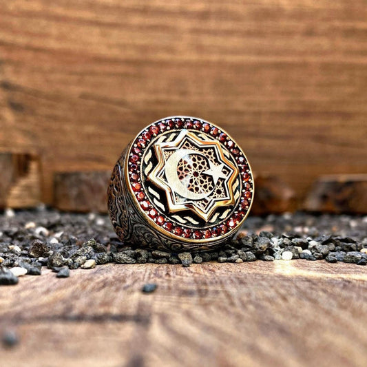 Red Zircon Ring 925 Silver Oguz Kagan Moon Star Ottoman Handmade