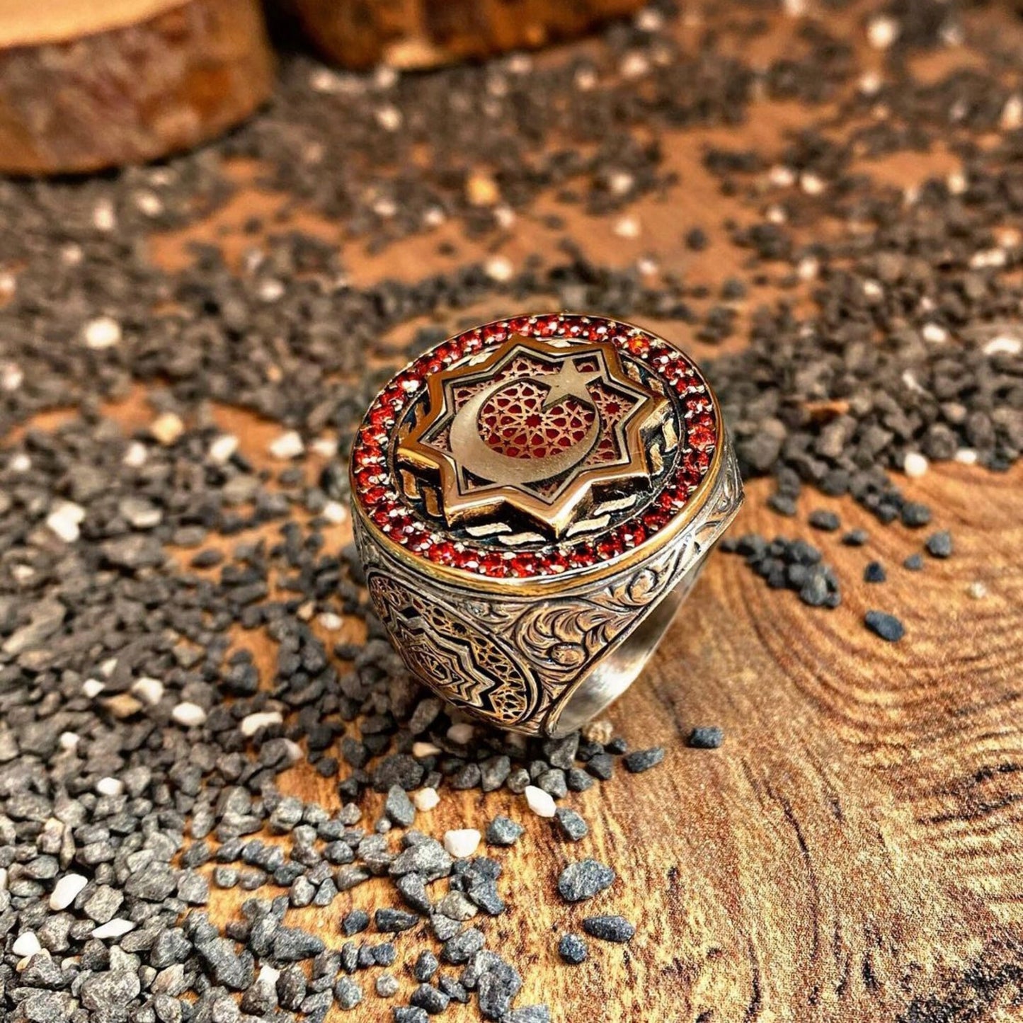 Red Zircon Ring 925 Silver Oguz Kagan Moon Star Ottoman Handmade