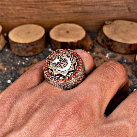 Red Zircon Ring 925 Silver Oguz Kagan Moon Star Ottoman Handmade