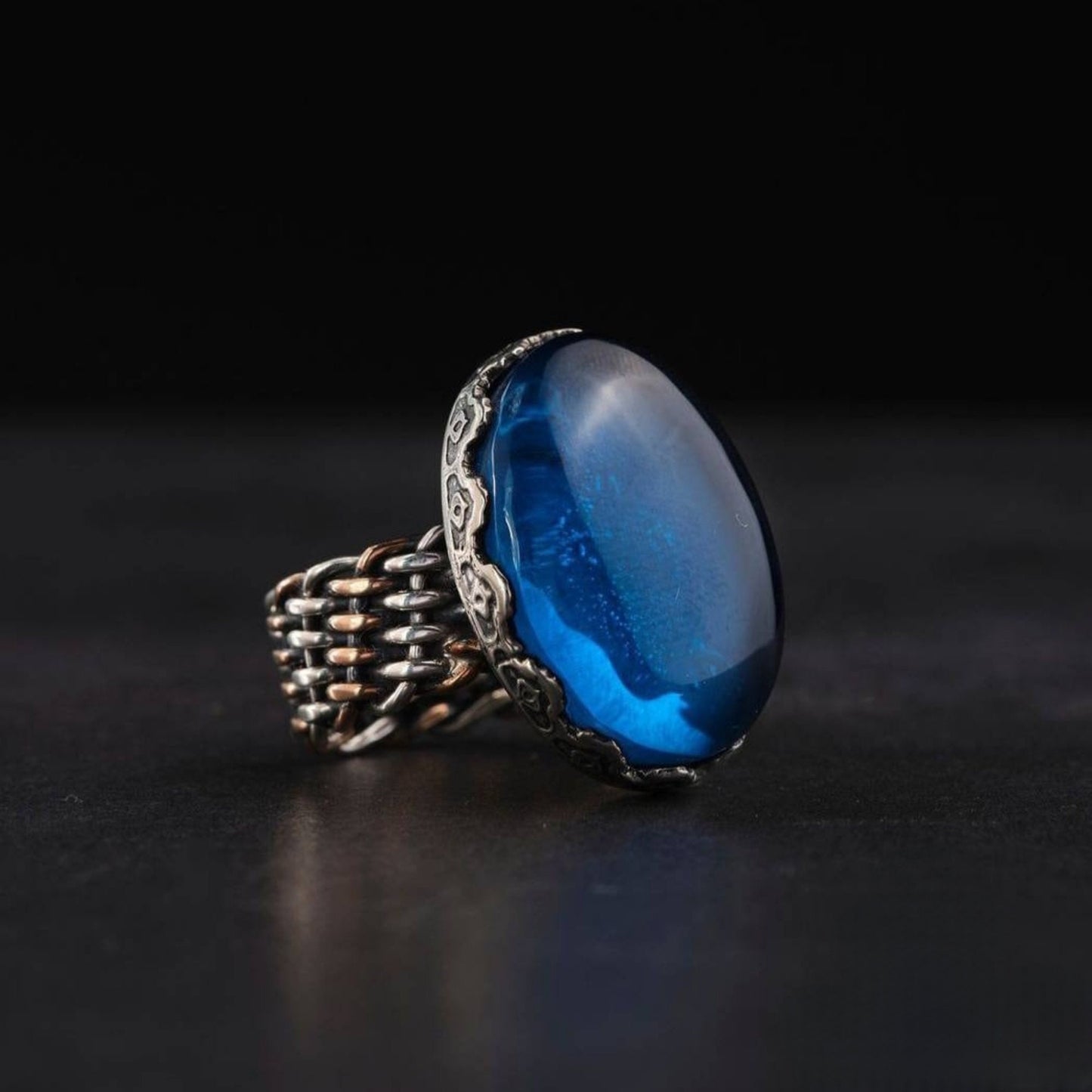 Blue Amber Silver Jewelry Set 925 Ring Bracelet Necklace