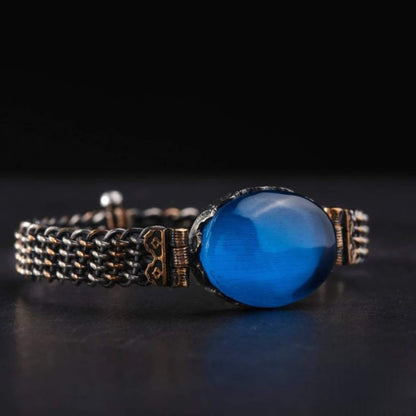 Blue Amber Silver Jewelry Set 925 Ring Bracelet Necklace