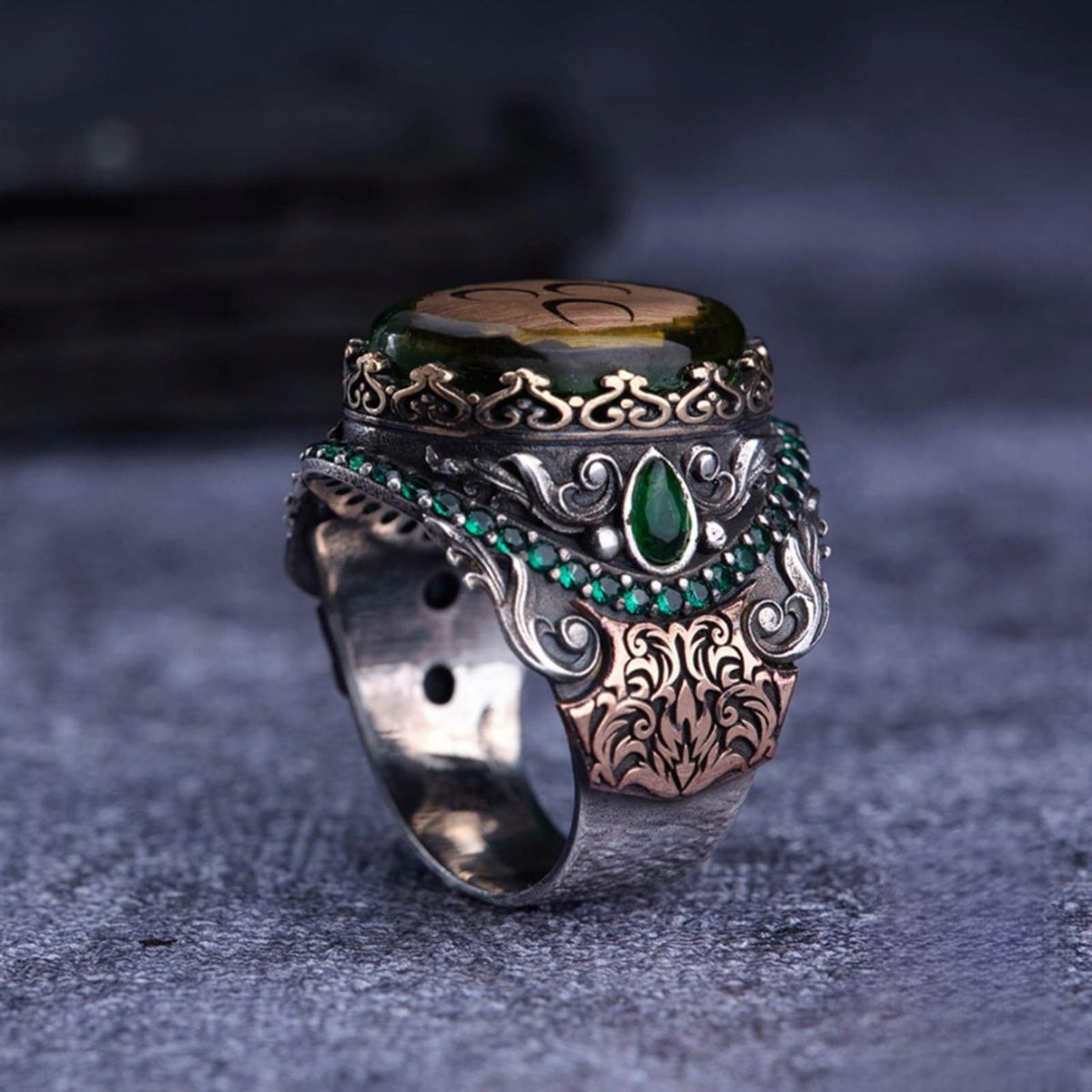 Green amber three crescents ring – view 3
