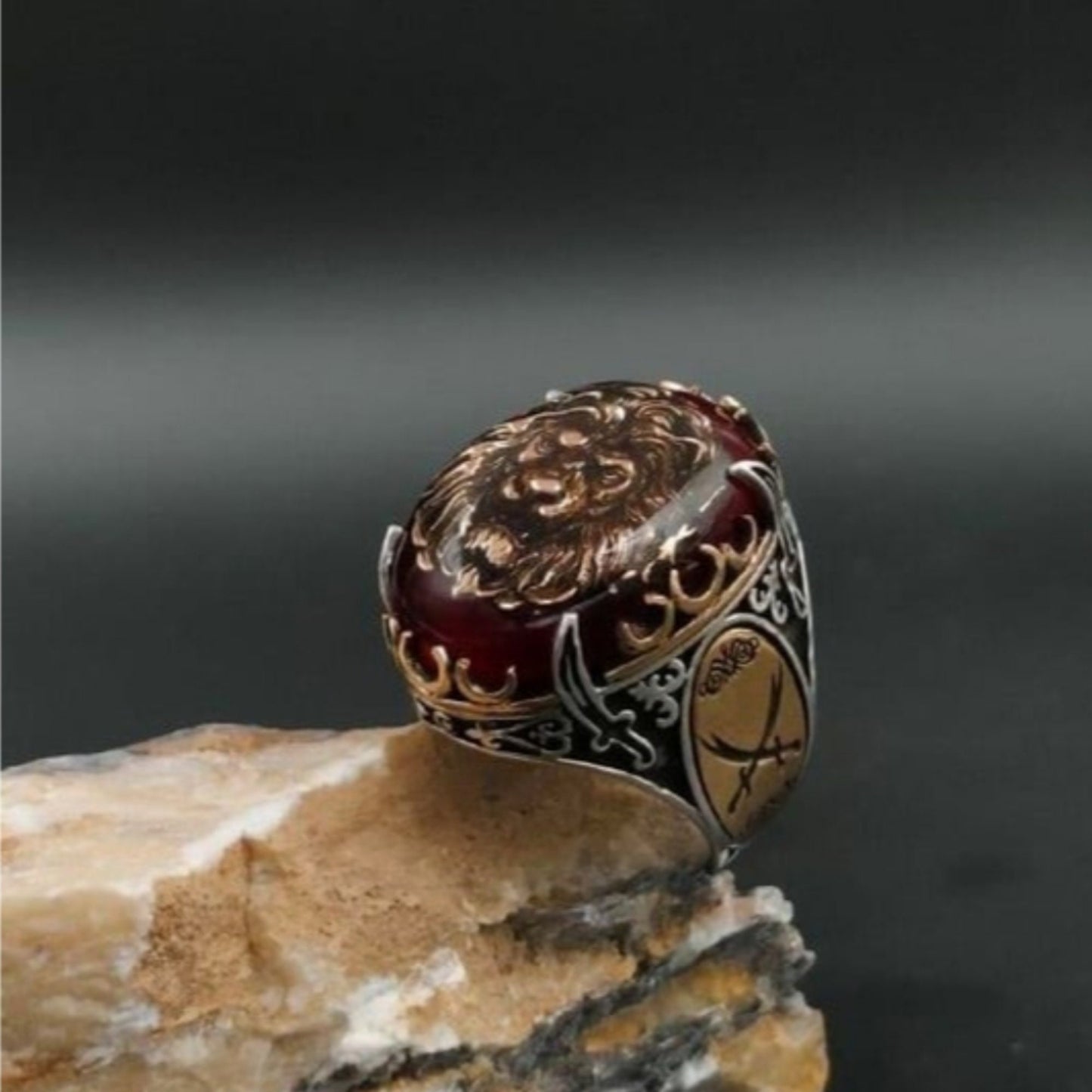 Red Amber Lion Zulfikar Ring 925 Silver Adjustable Islamic