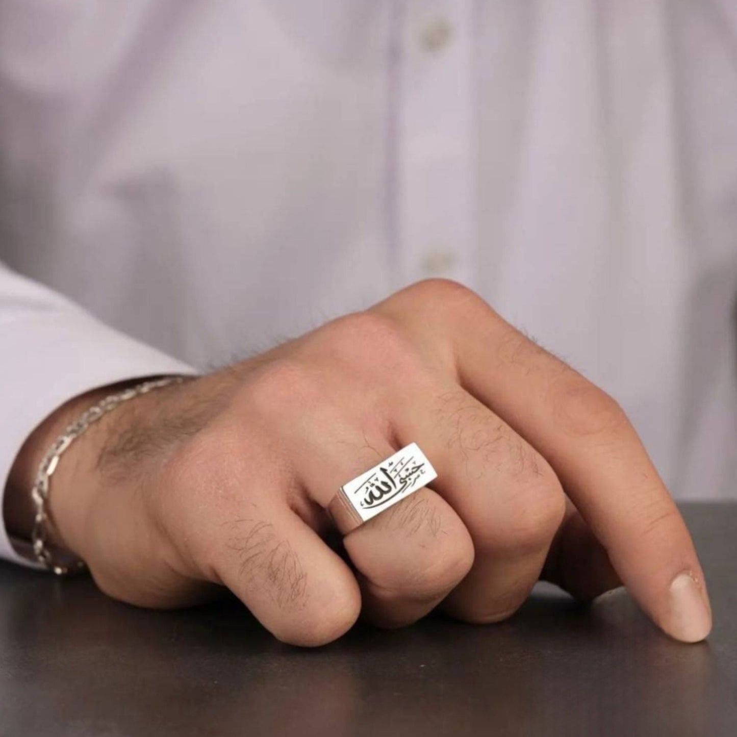 Hasbiyallah Arabic Calligraphy Rectangular 925 Silver Ring
