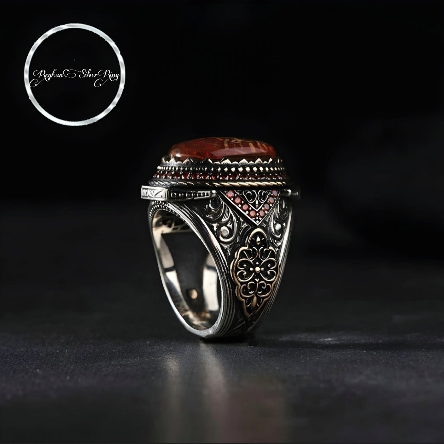 Red Amber Oval Ring 925 Sterling Silver Edep Ya Hu Calligraphy OttomanHandmade Men