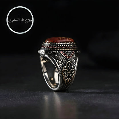 Red Amber Oval Ring 925 Sterling Silver Edep Ya Hu Calligraphy OttomanHandmade Men