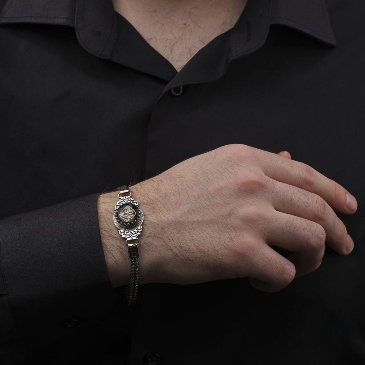 Amber stone initials bracelet with Göktürk script – view 3