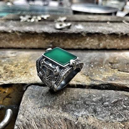 Green Agate Ring – Engraved & Adjustable | 925 Silver