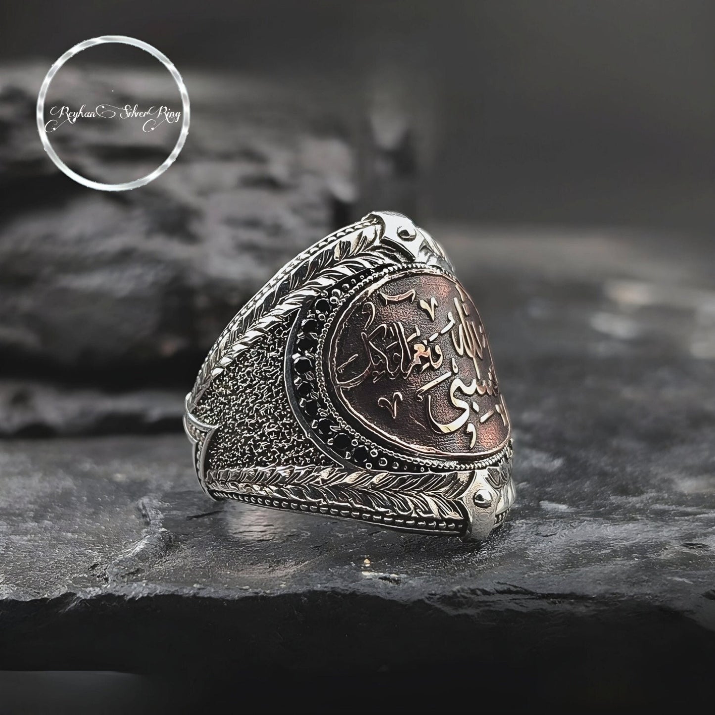 Hasbiyallah Ring 925 Silver Islamic Black Zircon Men Handmade
