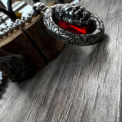 3D Lion Silver Necklace with Red Fire Amber Stone Handmade Gift